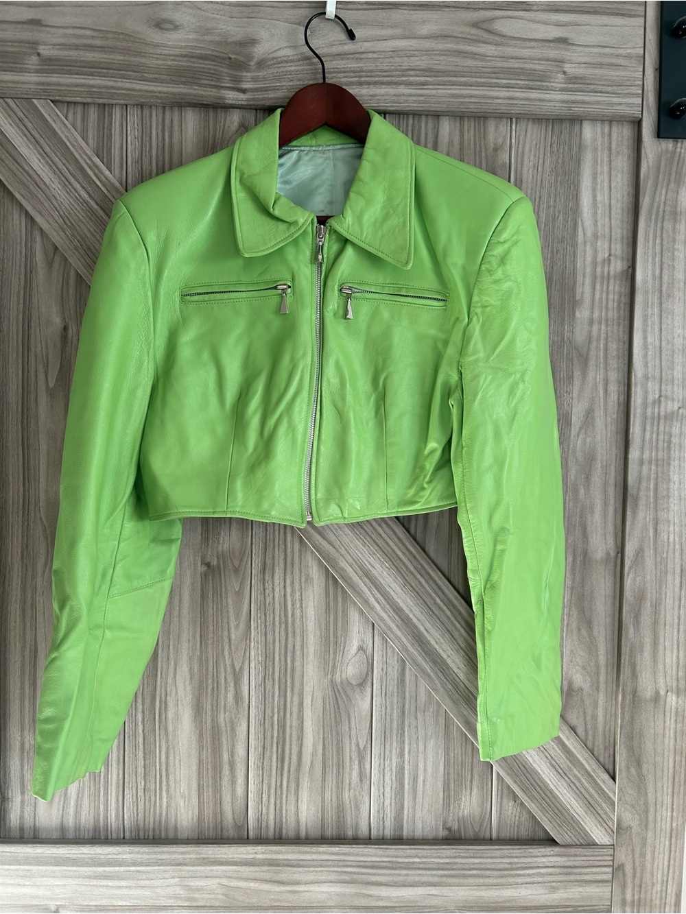 VTG Manigance Paris Neon Lime Green Cropped Statement Leather Jacket XS 90s